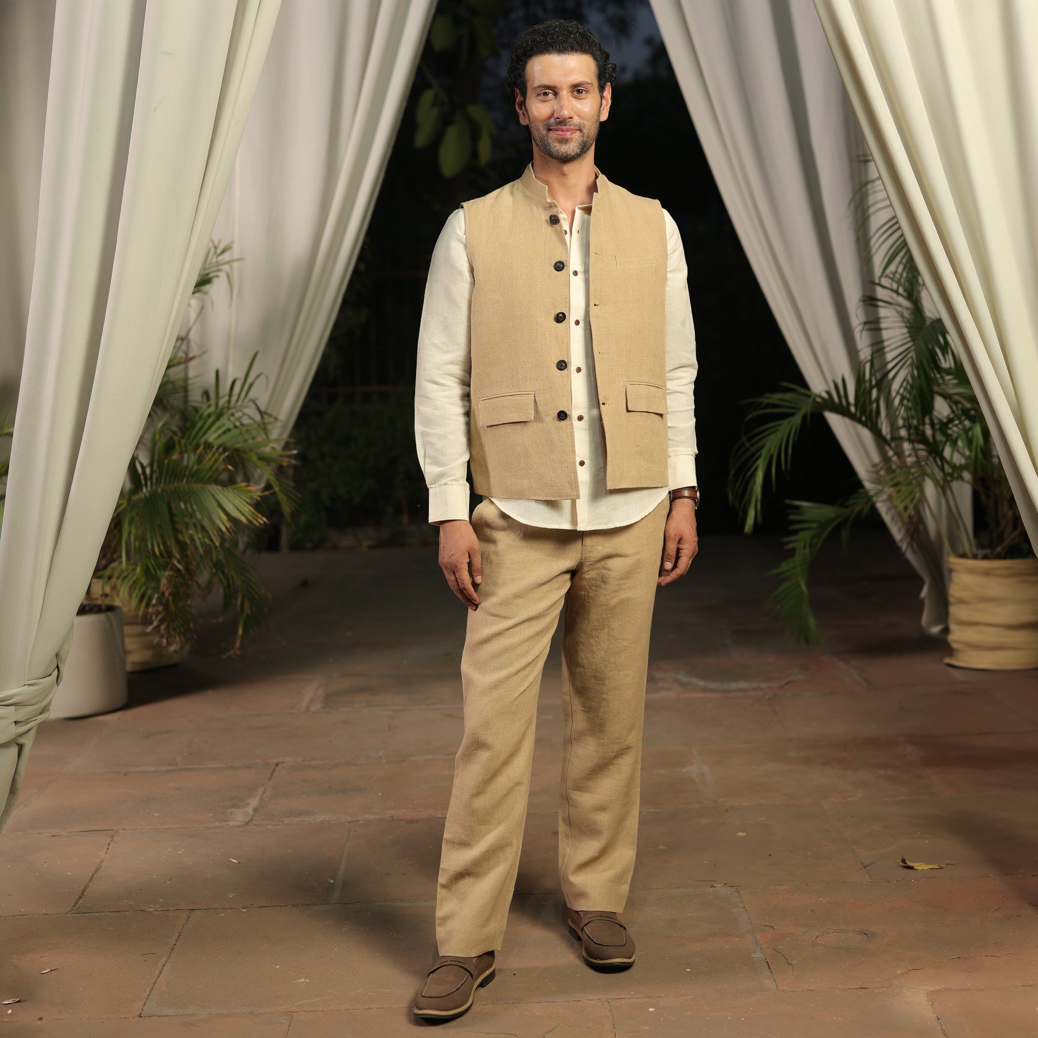 Men’s Beige Linen Blend Nehru Waistcoat