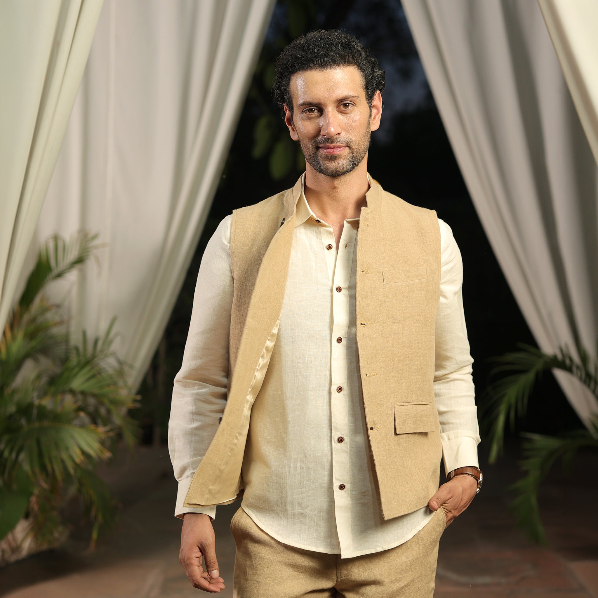Men’s Beige Linen Blend Nehru Waistcoat