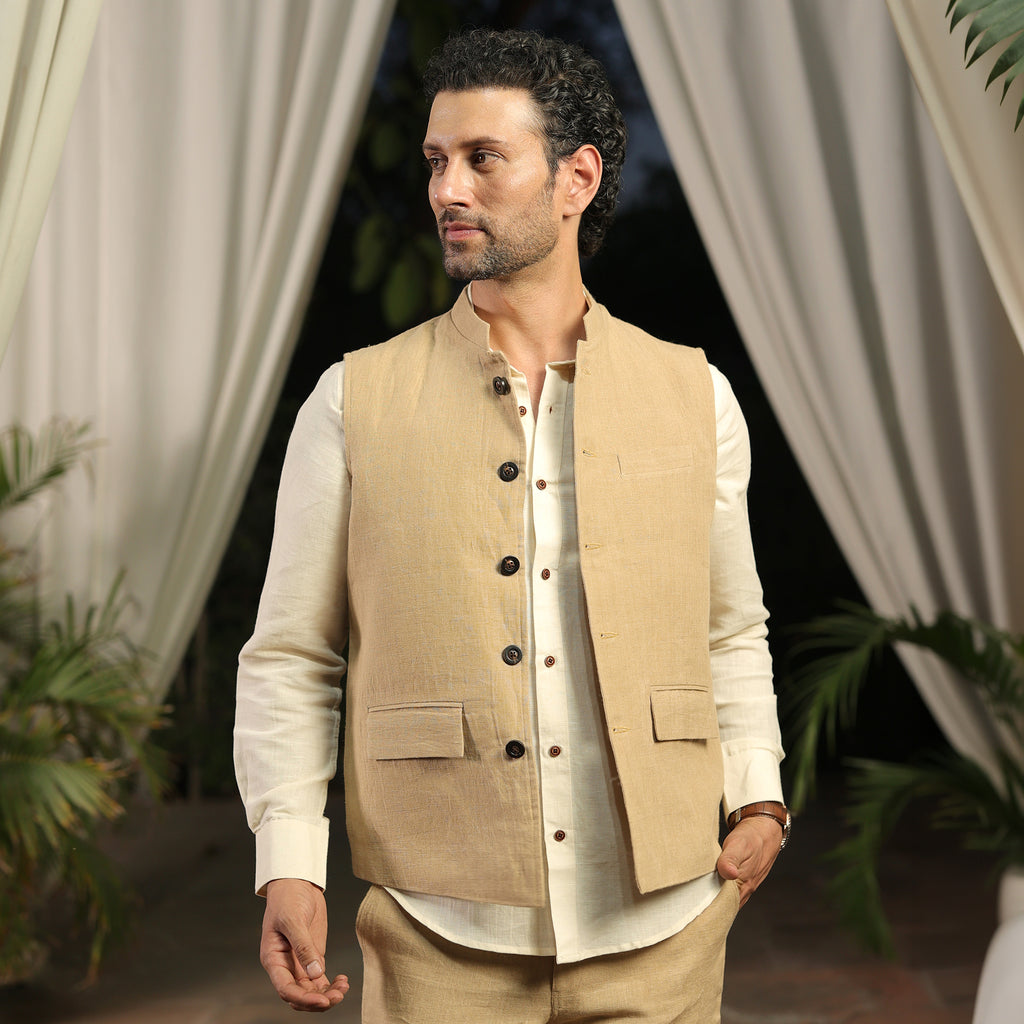 Men’s Beige Linen Blend Nehru Waistcoat