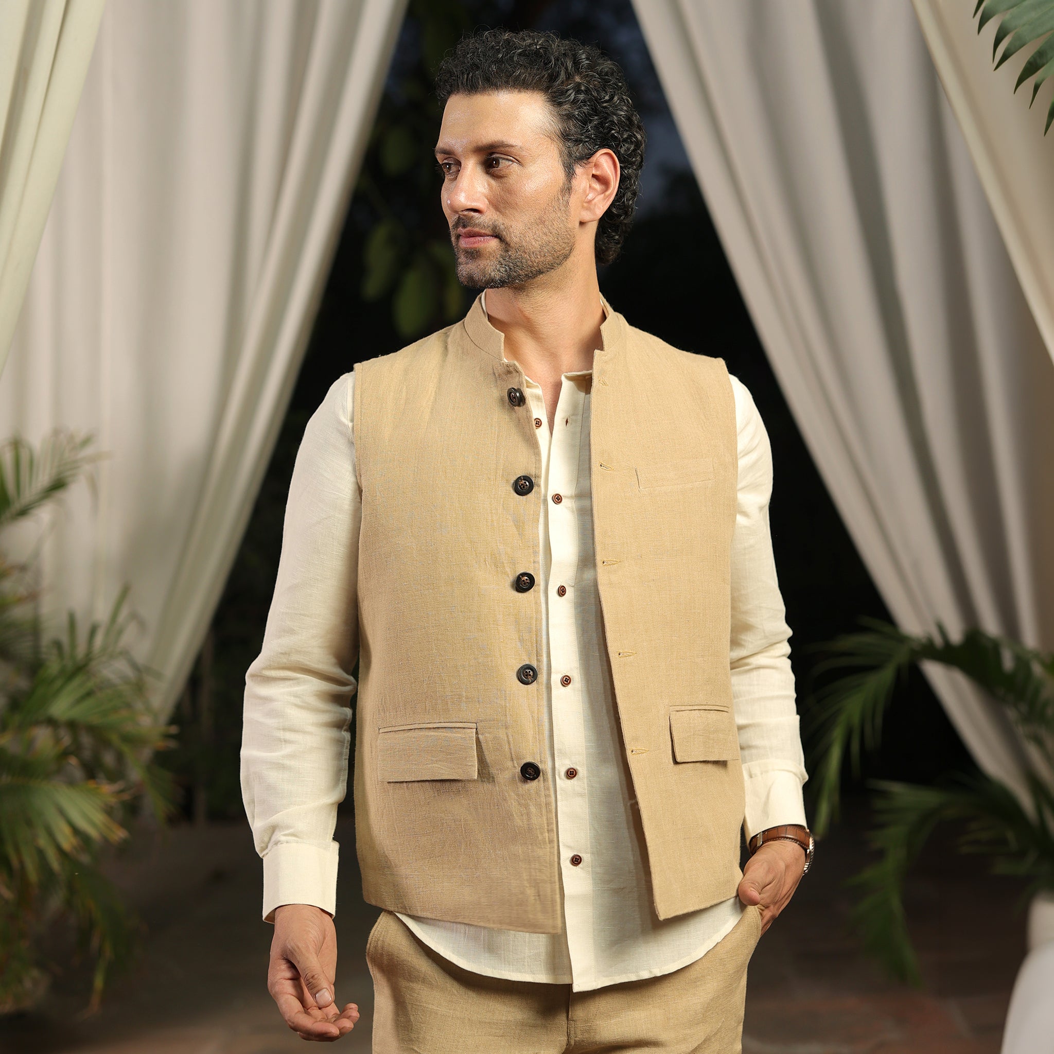 Men’s Beige Linen Blend Nehru Waistcoat