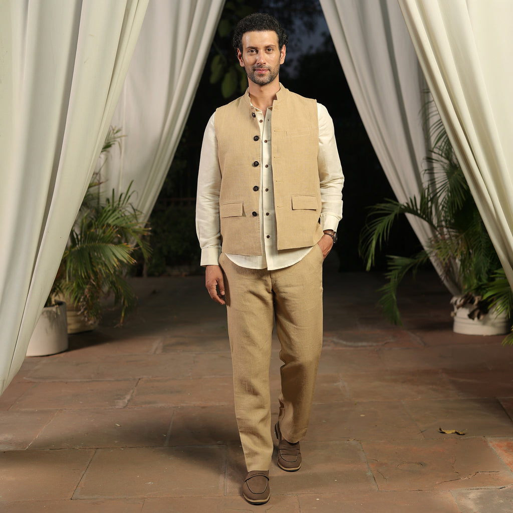 Men’s Beige Linen Blend Nehru Waistcoat
